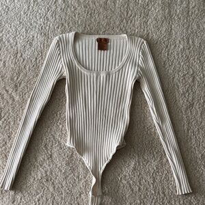 Ribbed Long Sleeve Scoop Neck Bodysuit - Cream